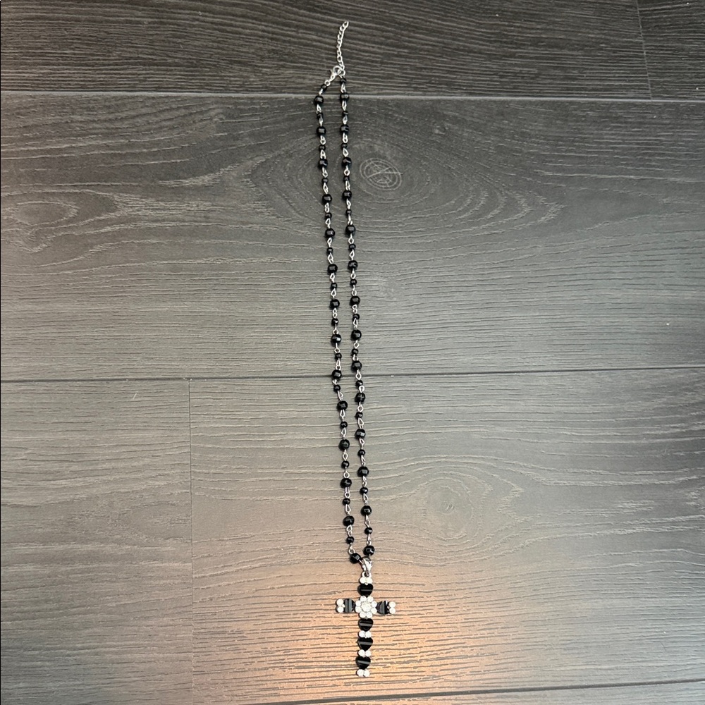 Black Beaded Cross Pendant Necklace